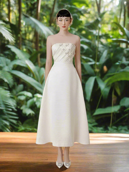 Striking Strapless High-Waisted Evening Gown with Unique Artistic Patchwork