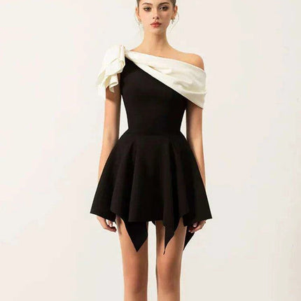 Chic Contrast Color Bowknot Mini Dress with Irregular Slash Neck for Women - DEAT Summer Collection 2024