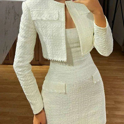 Chic Autumn Duo: Pearl-Embellished Long Sleeve Coat and Strapless Mini Dress Set