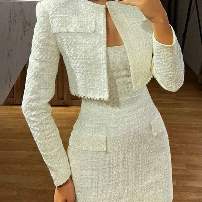 Chic Autumn Duo: Pearl-Embellished Long Sleeve Coat and Strapless Mini Dress Set