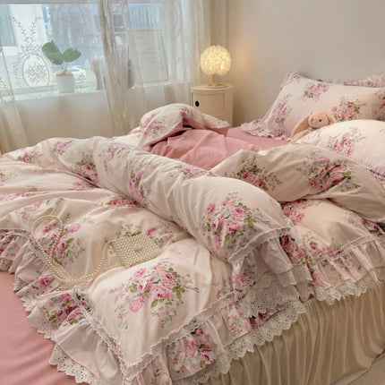 Vintage Floral Cotton Bedding Set - 100% Cotton Ruffle Edge Duvet Cover Set