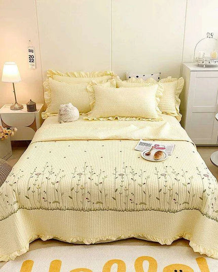 Embroidered Ruffle Flower Summer Quilt Set