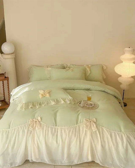 Elegant French Lace Ruffled Duvet Cover Set - Luxurious Bedding Ensemble with Bow Accents, Soft Sheets and Pillowcases