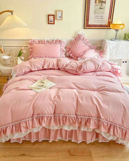 Chic White and Pink Ruffled 100% Cotton Girls' Duvet Cover Set with Pillowcases - Soft and Stylish Bedding
