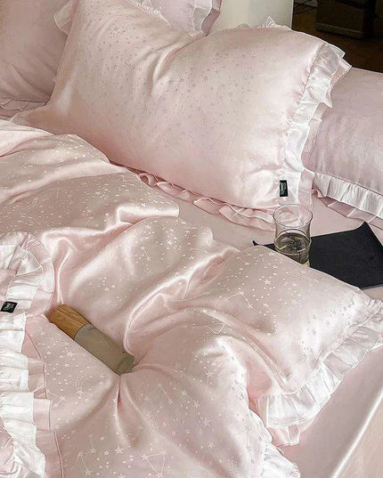 Luxurious Blush Lyocell Silky Princess Bedding Ensemble with Jacquard Ruffles - Duvet Cover, Flat Sheet, Fitted Sheet, and Pillowcases