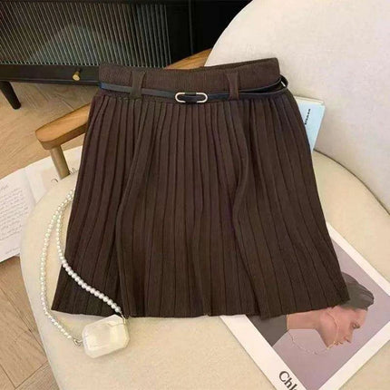 High Waist Pleated Mini Skirt - Korean-Inspired A-Line Knitted Solid Skirt with Belt