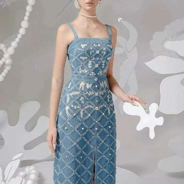Chic Embroidered Denim Evening Gown with Diamond Detailing - Summer 2024 Edition