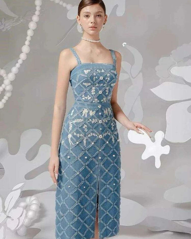 Chic Embroidered Denim Evening Gown with Diamond Detailing - Summer 2024 Edition