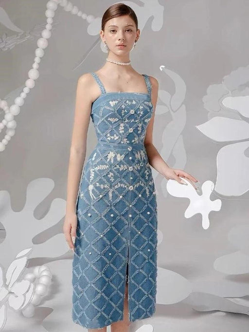 Chic Embroidered Denim Evening Gown with Diamond Detailing - Summer 2024 Edition