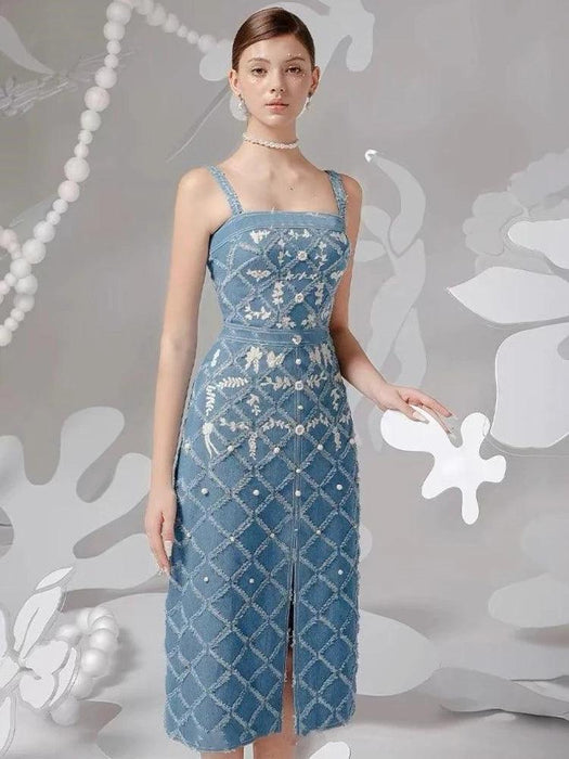 Chic Embroidered Denim Evening Gown with Diamond Detailing - Summer 2024 Edition