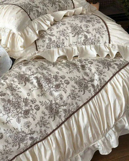 Elegant Beige Floral Ruffled Cotton Bedding Set – 4-Piece Duvet Cover, Sheet, and Pillowcases