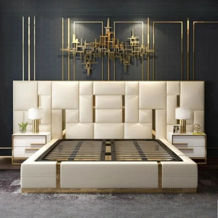 Leather Upholstered King Size Bed with Storage Nightstands — Style A & B