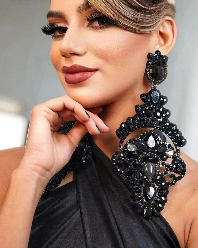 Glamorous Black Crystal and Rhinestone Dangle Earrings - Luxurious Statement Accessory