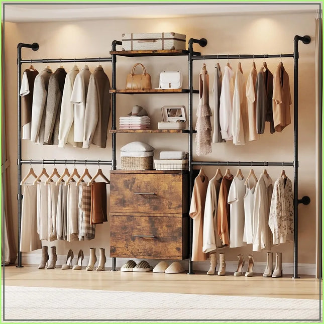 Wall-Mounted Industrial Pipe Closet Organiser — 2 Drawers, 6 Shelves, 4 Rods