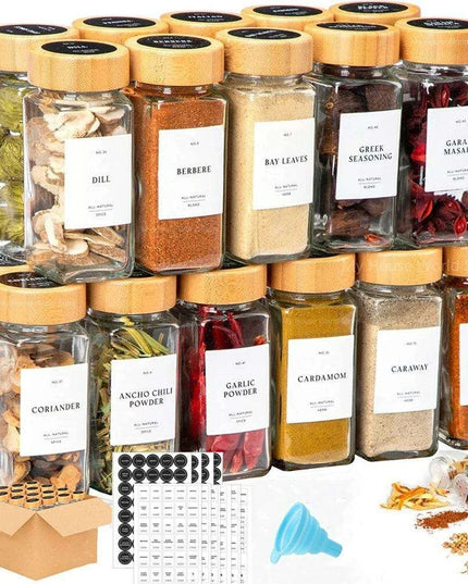 Glass Spice Jar Set with Bamboo Lids, Shaker Tops, Labels & Funnel - 4oz