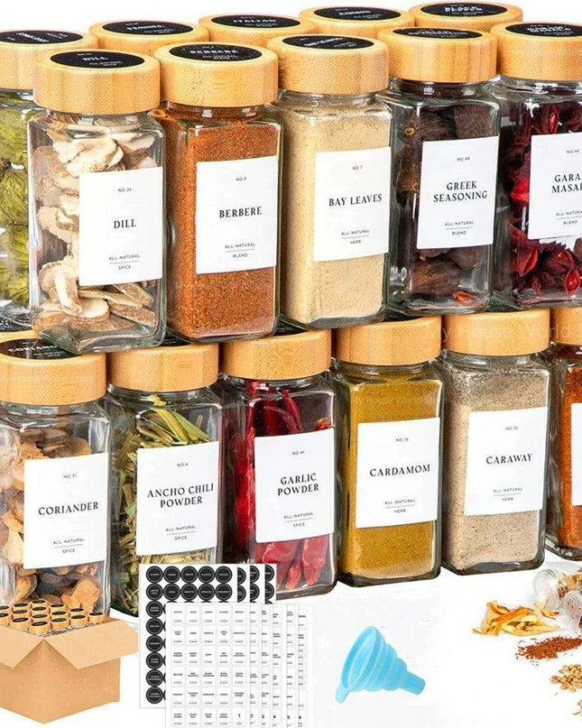 Elegant Glass Spice Jars with Bamboo Lids - 4oz Seasoning Containers for Organized Kitchen Storage