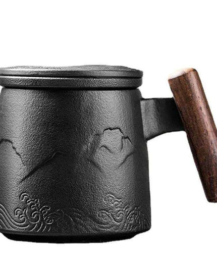 Elegant Vintage Ceramic Tea Mug Collection with Wooden Handle and Infuser Tray