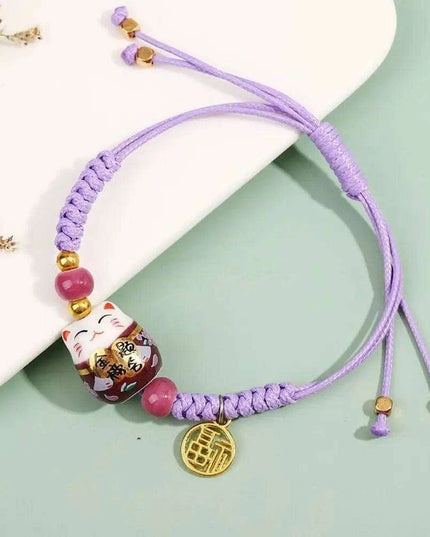 Vibrant Adjustable Lucky Cat Charm Bangles - Playful Rope Bracelets for Women and Girls, Ideal Gift for Prosperity