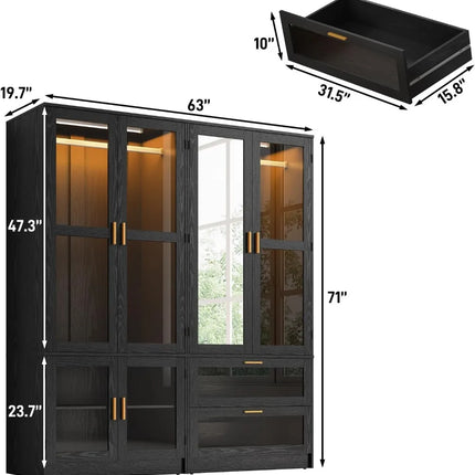 TideRise 4-Door Armoire Wardrobe with LED & Mirror, 71" Black Closet