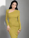 Sophisticated Asymmetrical Knit Dress with Pleats and Cross Collar for Women - Form-Fitting Autumn Evening Dress 2024