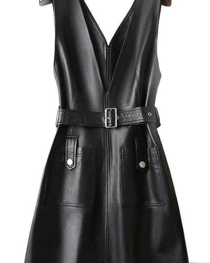 Chic Customizable Black Faux Leather Midi Dress with Pockets for Women - Perfect Bodycon Clubwear