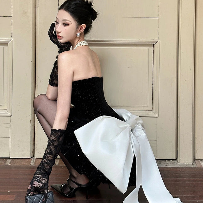 Color Block Bow Bubble Dress — Strapless Glitter Velvet Mini