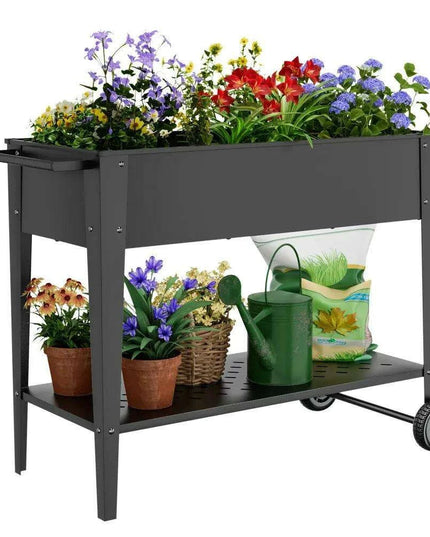 Elevated Galvanized Steel Mobile Garden Planter with Storage and Wheels