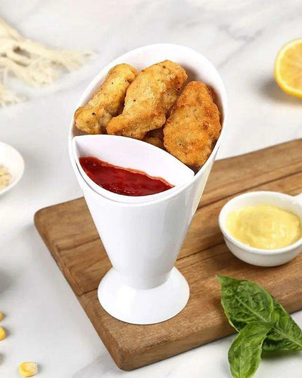 French Fry and Dipping Sauce Stand - Chic White Snack Holder Duo