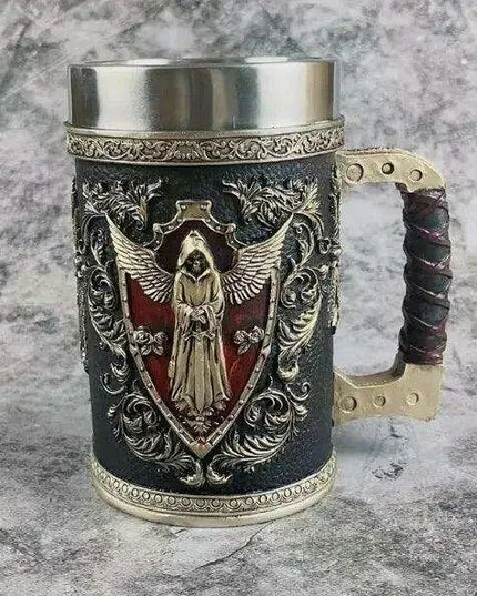 Medieval Angel of Death Skull Stainless Steel Beer Mug - 600ML Unique Horror Design