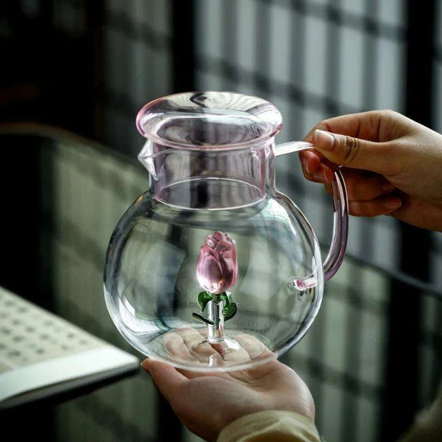 Elegant Rose Floral Glass Cold Brew Teapot - Stylish and Heat-Resistant Design with Ergonomic Handle for Entertaining