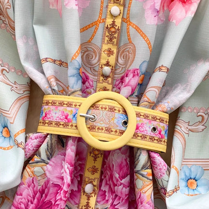 Vintage Palace Evening Dress with Sashes & Button Print