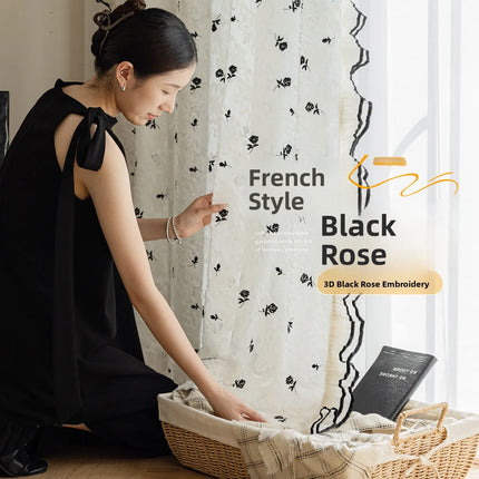 French Black Rose Embroidered Sheer Curtain — Light-Permeable, Custom Length