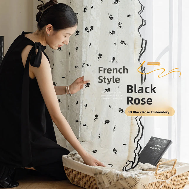 French Black Rose Embroidered Sheer Curtain — Light-Permeable, Custom Length