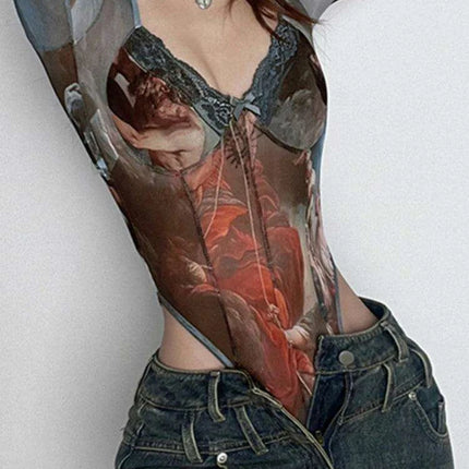 Vintage-Inspired Sheer Long Sleeve Bodysuit with Elegant Square Neckline and Bustier Detailing