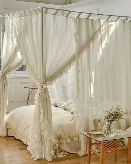 Sheer Linen Canopy Bed Curtains with Ruffled Detailing and Easy Setup