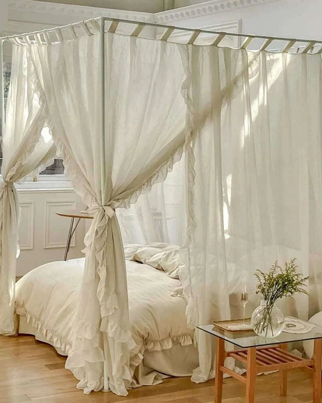 Sheer Linen Canopy Bed Curtains with Ruffled Detailing and Easy Setup