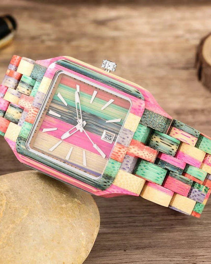 Eco-Conscious Style: Men's Artisan Wooden Quartz Watch with Vibrant Multicolor Band