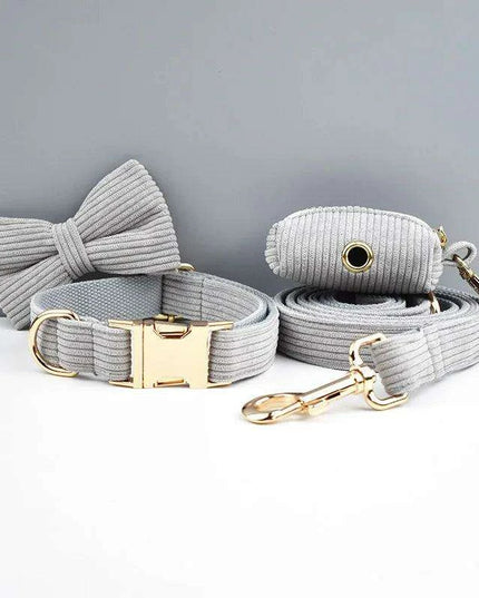 Personalized Light Grey Corduroy Dog Collar and Leash Set with Stylish Accessories