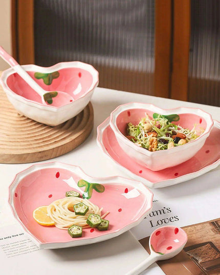 Strawberry Delight Dining Ensemble: Bowl, Spoon, and Plate Set