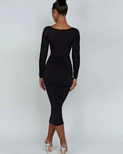 Elegant Long Sleeve Black Midi Dress with Ruched Detailing - The Ultimate Women’s Wardrobe Staple