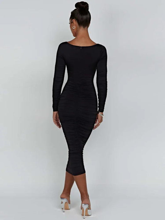 Elegant Long Sleeve Black Midi Dress with Ruched Detailing - The Ultimate Women’s Wardrobe Staple