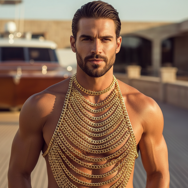 Men's Gold Metal Chain Halter Body Chain — Lace-Up Backless Design