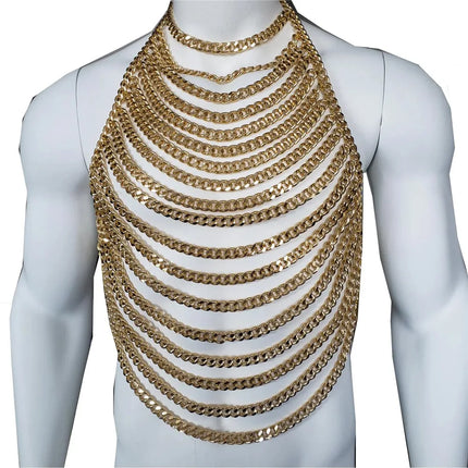 Men's Gold Metal Chain Halter Body Chain — Lace-Up Backless Design