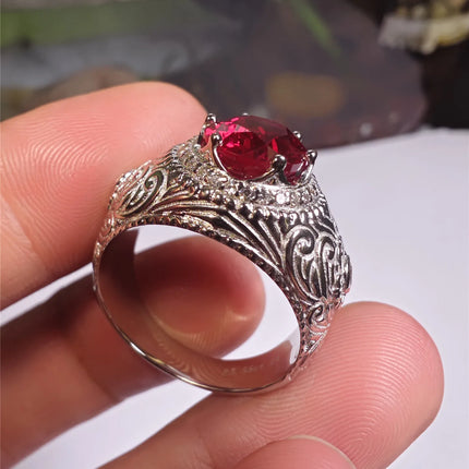 S925 pure silver laboratory-grown ruby 5CT oval vintage pattern wedding men's ring, custom-made with diamond. Jewelry. s925-pure-silver-laboratory-grown-ruby-5ct-oval-vintage-pattern-wedding-mens-ring-custom-made-with-diamond-jewelry