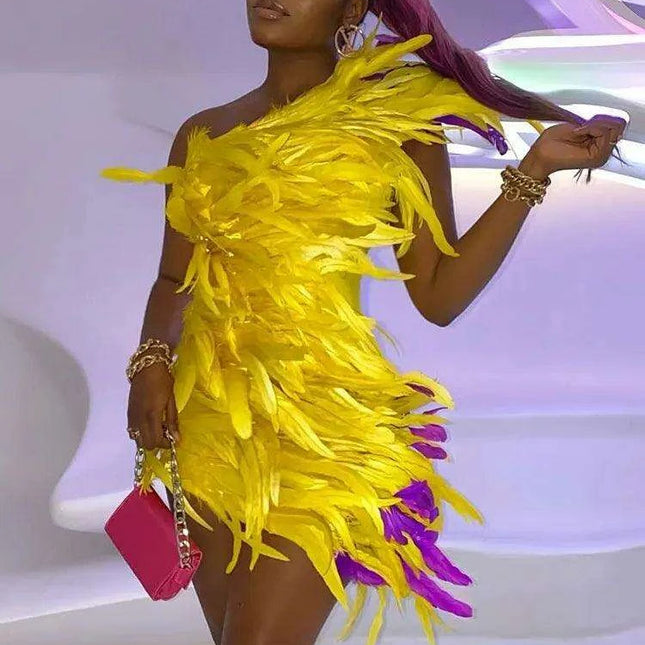 Golden Sunshine Feathered Asymmetrical Bodycon Gown