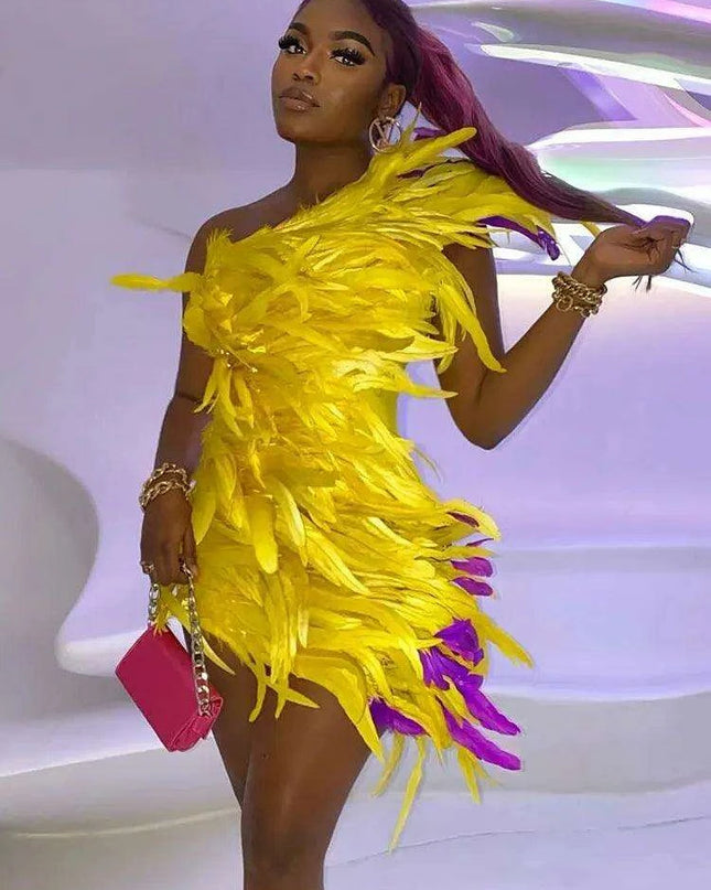 Golden Sunshine Feathered Asymmetrical Bodycon Gown