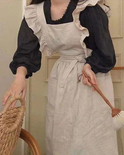 Chic Floral Ruffle Kitchen Apron for Women - Luxurious Japanese Washed Cotton Linen