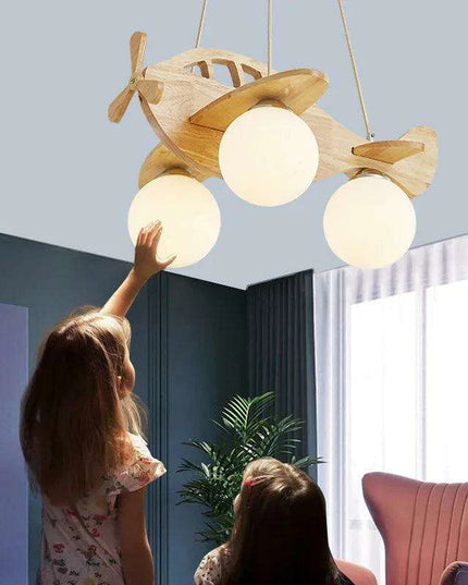 Whimsical Airplane LED Chandelier for Kids' Rooms - Playful Wooden Pendant Light