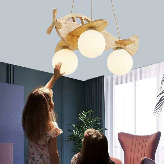 Whimsical Airplane LED Chandelier for Kids' Rooms - Playful Wooden Pendant Light