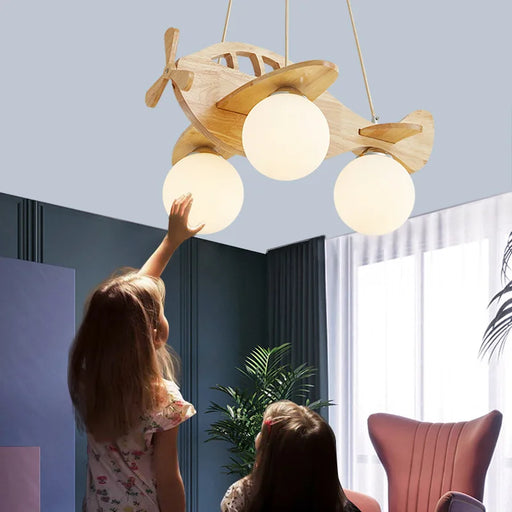 Children Kids Wood Airplane Chandelier For Boy Bedroom LED Hanging Pendant Lamp Nursery Aircraft Suspension Lights